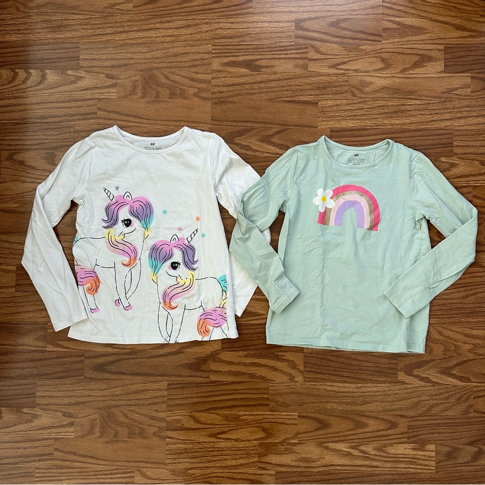 Bundle 2x H&M Girls Size 8-10 Long Sleeve Shirt Rainbow Unicorn Cotton EUC!